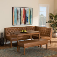 Baxton Studio BBT8051.13-TanWalnut-4PC Dining Nook Set Baxton Studio Riordan Mid-Century Modern Tan Faux Leather Upholstered and Walnut Brown Finished Wood 4-Piece Dining Nook Set